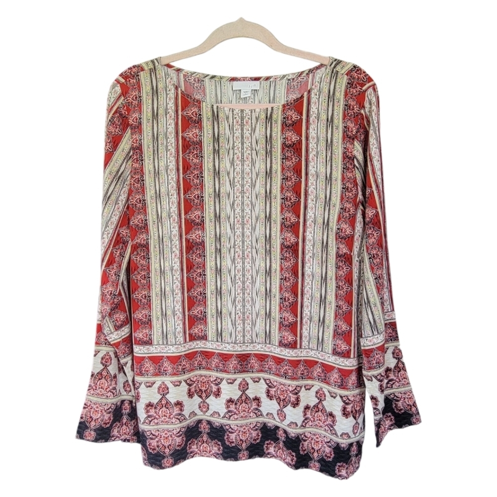 J.Jill Large Petite Peasant Tunic Blouse Red Cream Medallion Border Boho